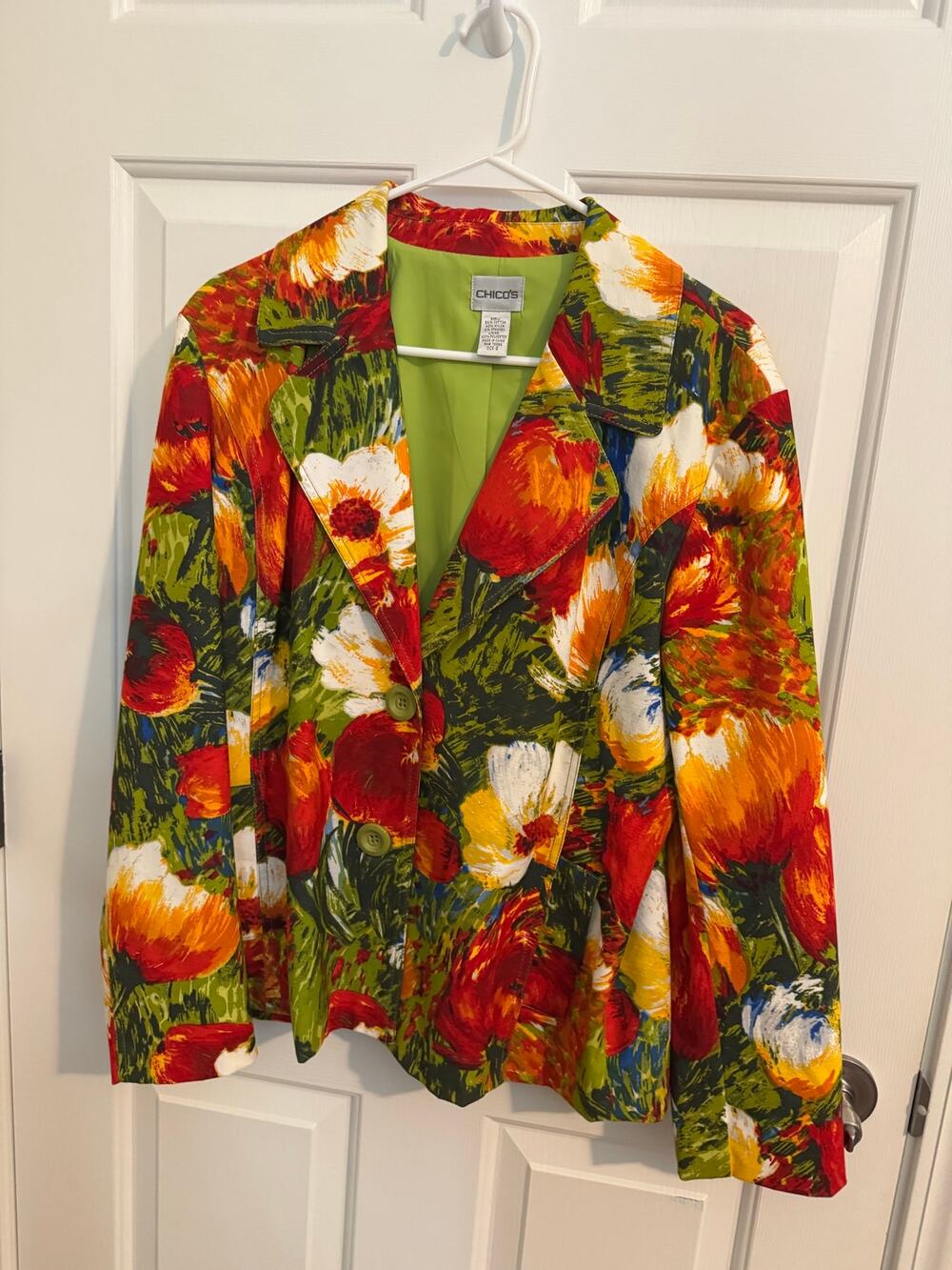 Chico's Bright Painterly Abstract Cotton Floral Poppy Blazer Pockets Size 2 (L)